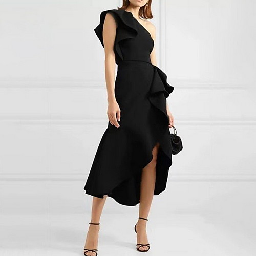 

Sheath / Column Sexy Black Homecoming Cocktail Party Dress One Shoulder Sleeveless Asymmetrical Spandex with Ruffles Split 2020