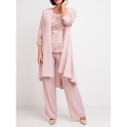 

Pantsuit / Jumpsuit Jewel Neck Floor Length Chiffon 3/4 Length Sleeve Elegant Mother of the Bride Dress with Sequin Mother's Day 2020