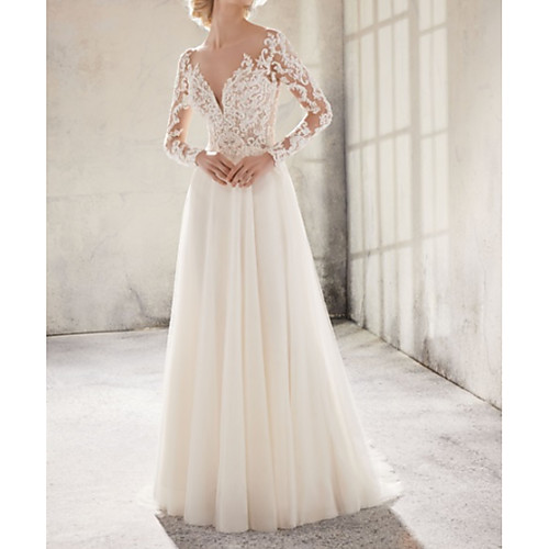 

A-Line Jewel Neck Sweep / Brush Train Lace / Tulle Long Sleeve Country Plus Size Wedding Dresses with Lace / Appliques 2020 / Illusion Sleeve