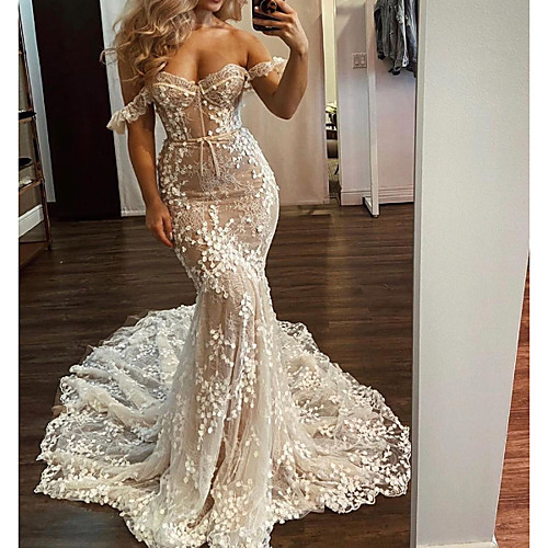 

Mermaid / Trumpet Off Shoulder Sweep / Brush Train Polyester / Lace Short Sleeve Country Plus Size Wedding Dresses with Embroidery / Appliques 2020
