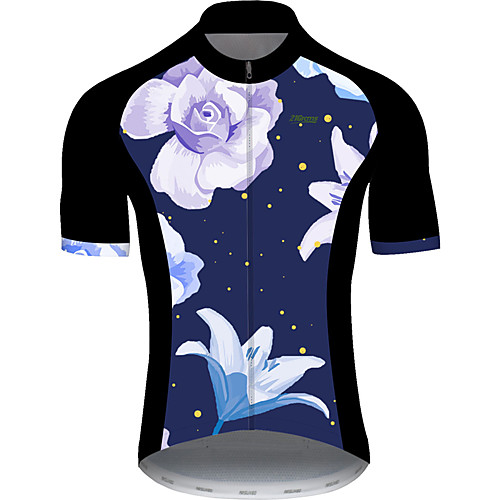 

21Grams Men's Short Sleeve Cycling Jersey Black / Blue Floral Botanical Bike Jersey Top Mountain Bike MTB Road Bike Cycling UV Resistant Breathable Quick Dry Sports Clothing Apparel / Stretchy