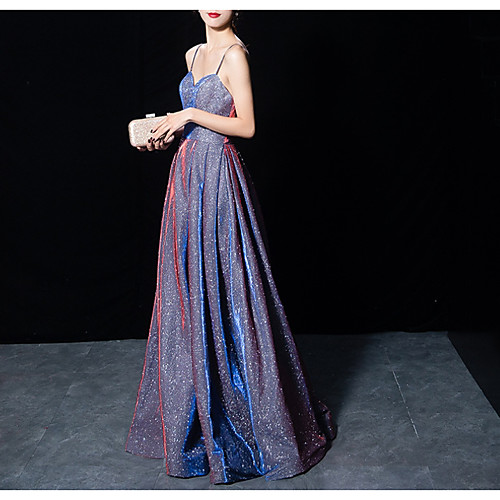 

Sequin A-Line Minimalist Sparkle Sleeveless Spaghetti Strap Floor Length Sequined Engagement Formal Evening Dress