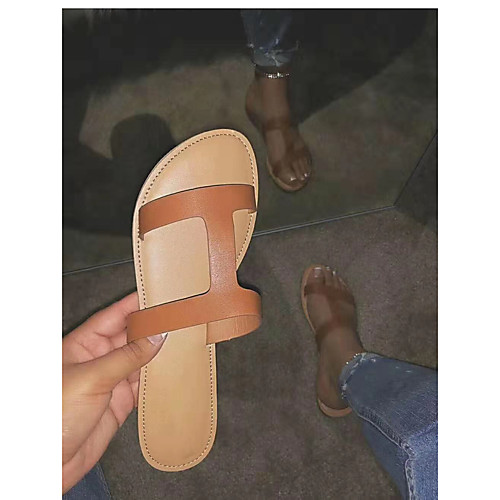 

Women's Slippers & Flip-Flops 2020 Flat Heel Open Toe PU Casual / Minimalism Spring & Fall / Spring & Summer Dark Brown / White / Black