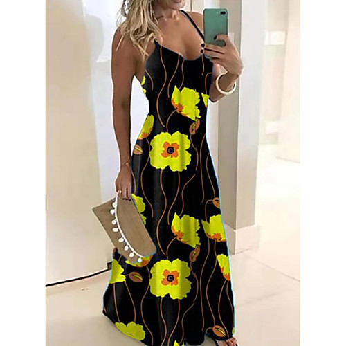 

Women's Maxi Black Dress Spring Vacation Shift Floral Strap M L