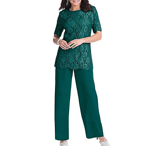

Pantsuit / Jumpsuit Jewel Neck Floor Length Chiffon / Lace Half Sleeve Elegant Mother of the Bride Dress with Lace / Appliques Mother's Day 2020