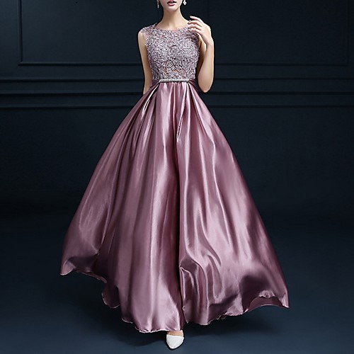 

Pleats Appliques A-Line Floral Empire Sleeveless Jewel Neck Floor Length Charmeuse Prom Formal Evening Dress