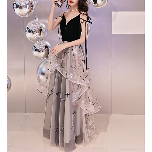 

A-Line Spaghetti Strap Floor Length Polyester Beautiful Back / Floral Wedding Guest / Prom Dress with Bow(s) / Embroidery 2020