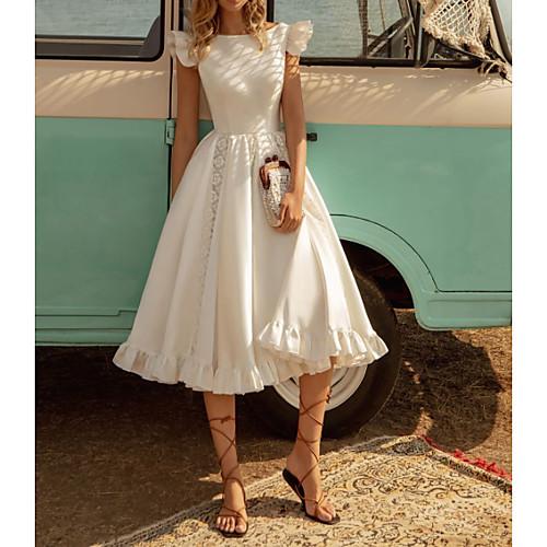 

A-Line Off Shoulder Tea Length Lace / Stretch Satin / Jersey Short Sleeve Country Plus Size Wedding Dresses with Lace Insert / Cascading Ruffles 2020