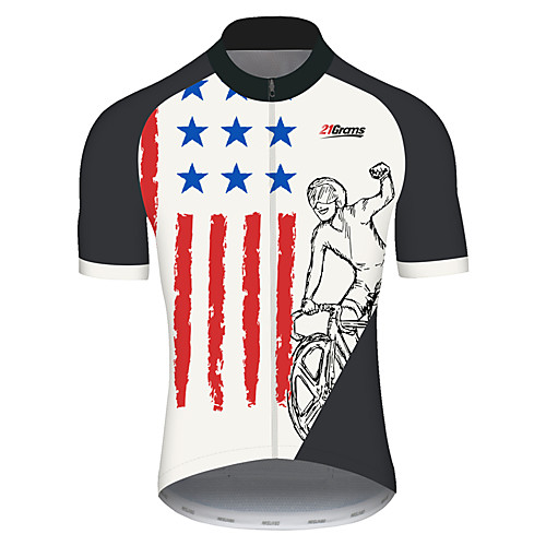 

21Grams Men's Short Sleeve Cycling Jersey 100% Polyester Black / White Patchwork American / USA National Flag Bike Jersey Top Mountain Bike MTB Road Bike Cycling UV Resistant Breathable Quick Dry