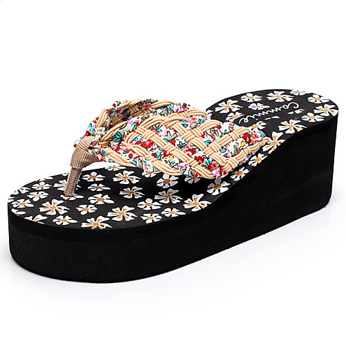 

Women's Slippers & Flip-Flops Wedge Heel Open Toe Satin Flower Polyester Classic / Sweet Walking Shoes Summer Black / Beige