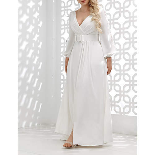 

A-Line V Neck Floor Length Stretch Satin Long Sleeve Country Plus Size Wedding Dresses with Lace Insert / Split Front / Crystal Brooch 2020