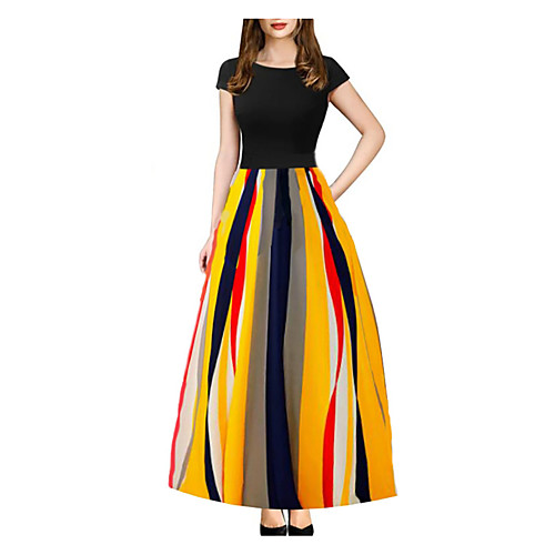 

Women's Maxi Yellow Dress Spring Party Birthday Wear to work A Line Color Block M L / Work