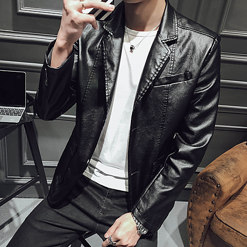 

Men's Party / Club Street chic / Punk & Gothic Fall & Winter Regular Leather Jacket, Solid Colored Straight Collar Long Sleeve PU Patchwork Wine / Khaki / Black