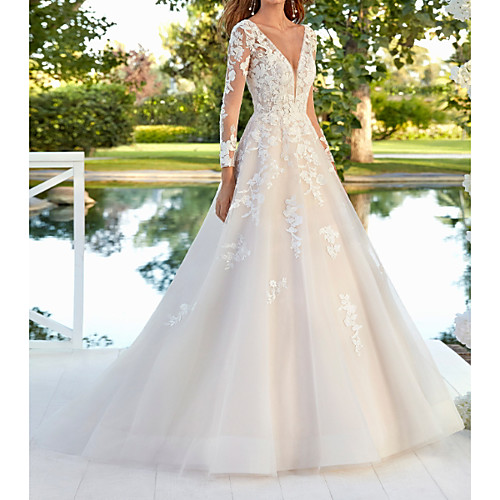 

A-Line Wedding Dresses V Neck Sweep / Brush Train Polyester Long Sleeve Country Plus Size with Lace Embroidery 2020