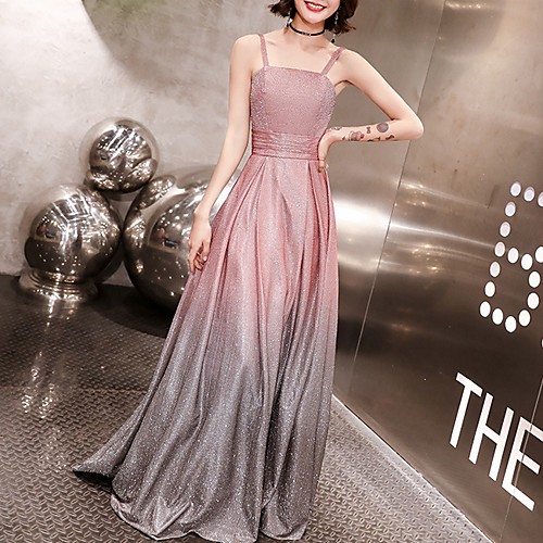 

A-Line Spaghetti Strap Floor Length Polyester Color Block / Sparkle Wedding Guest / Prom Dress with Pleats 2020