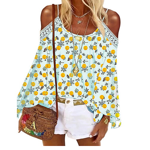 

Women's Daily Shirt - Floral Cut Out / Print Shirt Collar Yellow