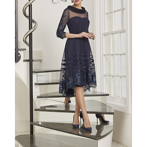 

A-Line Illusion Neck Asymmetrical Tulle 3/4 Length Sleeve Sexy Mother of the Bride Dress with Appliques Mother's Day 2020