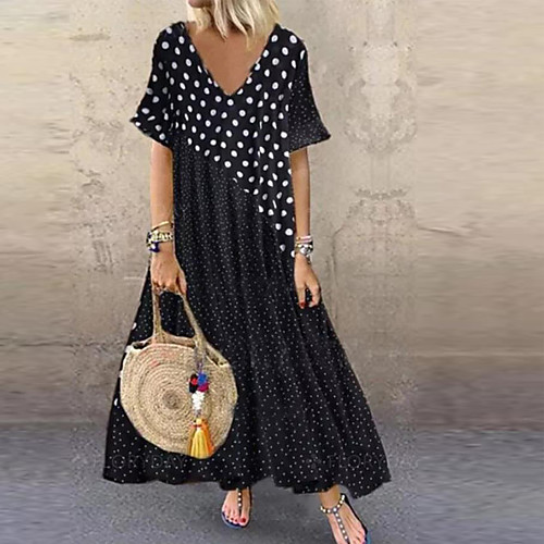 

Women's Maxi White Black Dress Elegant Boho Maxi Dress Spring Vacation A Line Tunic Abaya Polka Dot V Neck M L Slim