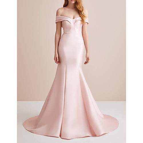 

Mermaid / Trumpet Off Shoulder Court Train Satin Elegant / Pink Engagement / Formal Evening Dress with Sleek 2020