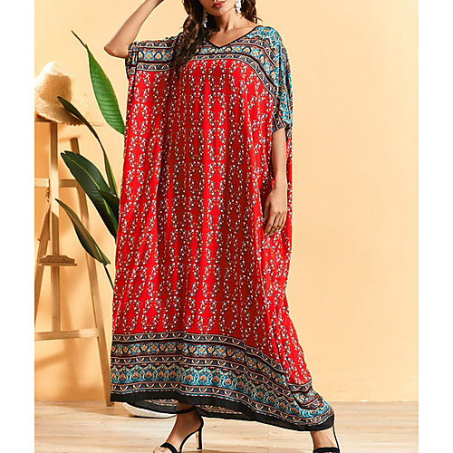 

Women's Maxi Red Dress Shift Color Block V Neck One-Size Loose