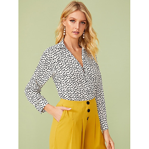

New 2020 Women's V-neck Printed Black and White Long Sleeve Shirt Blouse
