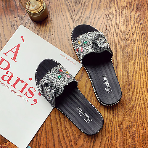 

Women's Slippers & Flip-Flops 2020 Flat Heel Open Toe Rhinestone PU Classic / Minimalism Spring & Fall / Spring & Summer Silver / Black