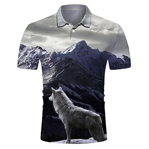 

Men's Color Block 3D Wolf Print Polo Rock Exaggerated Club Weekend Shirt Collar Gray / Short Sleeve / Animal
