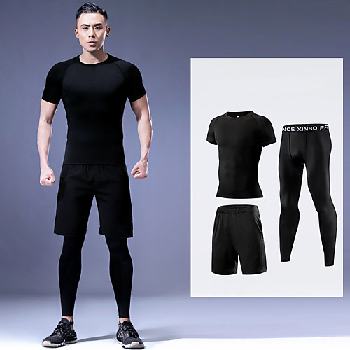 

Men's Patchwork Activewear Set Workout Outfits 3pcs Running Active Training Fitness Breathable Quick Dry Soft Sportswear Athletic Clothing Set Short Sleeve Activewear Stretchy Regular Fit