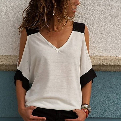 

Women's Daily T-shirt - Color Block Lace / Cut Out / Patchwork V Neck Yellow