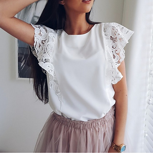 

Women's Daily Shirt - Solid Colored Ruffle / Patchwork / Lace Trims White