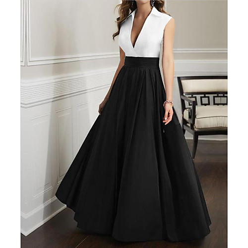 

A-Line Plunging Neck Floor Length Satin Sleeveless Elegant Mother of the Bride Dress with Pleats Mother's Day 2020