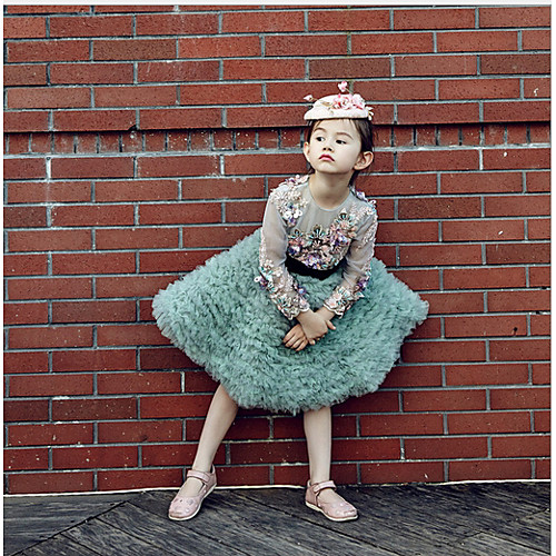 

A-Line Knee Length Party / Birthday Flower Girl Dresses - POLY Long Sleeve Jewel Neck with Lace / Bow(s) / Appliques