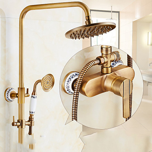 

Shower System Set - Handshower Included Fixed Mount Rainfall Shower Antique Brass Wall Mounted Brass Valve Bath Shower Mixer Taps