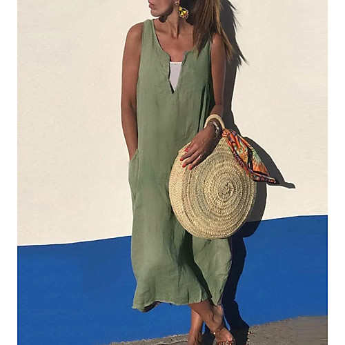 

Women's Army Green Dusty Blue Dress Maxi Dress Summer Holiday Vacation Home A Line Tunic Solid Color V Neck S M