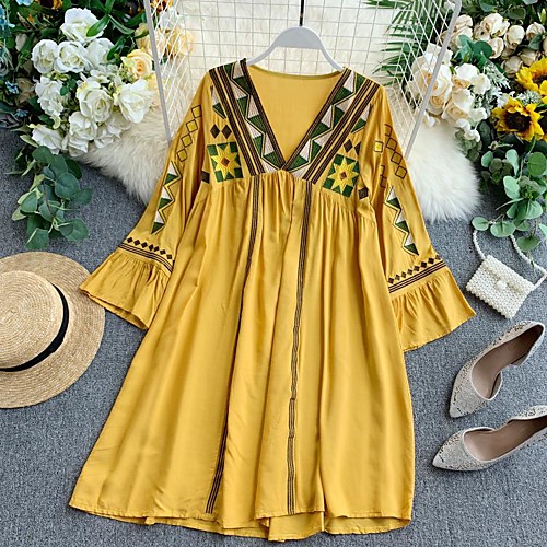 

Women's Yellow Red Dress Boho Spring & Summer Holiday Beach Shift Geometric Flare Cuff Sleeve One-Size