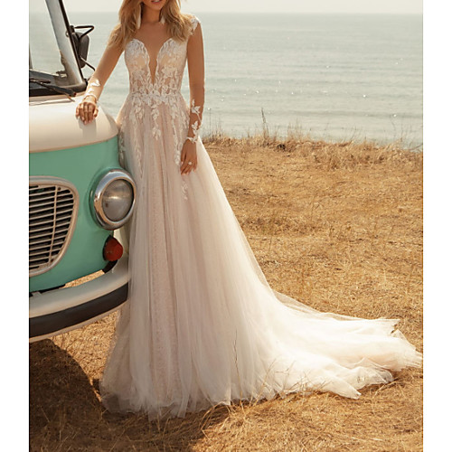 

A-Line V Neck Sweep / Brush Train Lace / Tulle / Jersey Long Sleeve Country Plus Size / Illusion Sleeve Wedding Dresses with Appliques 2020
