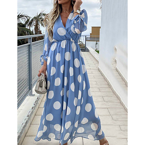 

Women's Maxi Green White Dress Spring Holiday Vacation A Line Polka Dot V Neck S M