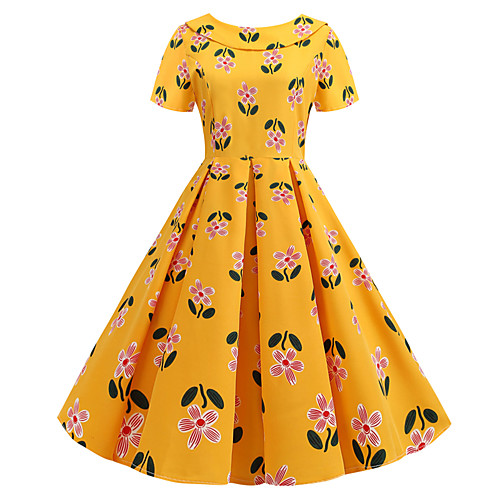 

Women's Yellow Dress Vintage Style Street chic Party Daily Swing Floral Print Patchwork Print S M