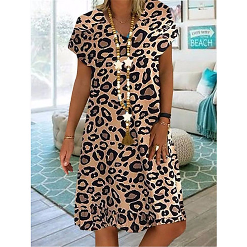 

Women's Red Khaki Dress Shift Leopard S M