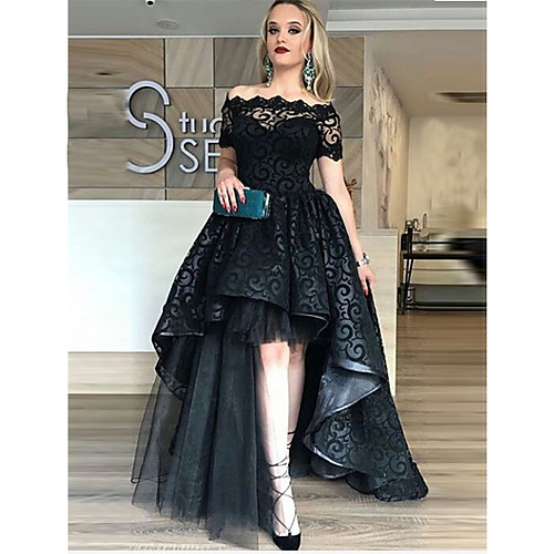 

Ball Gown Off Shoulder Asymmetrical Lace / Tulle Celebrity Style / Black Prom / Formal Evening Dress with Tier / Lace Insert 2020