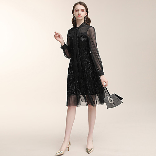 

A-Line Sparkle Black Homecoming Cocktail Party Dress High Neck Long Sleeve Knee Length Tulle Sequined with Sequin 2020