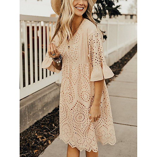 

Women's Loose Dress - 3/4 Length Sleeve Solid Color V Neck Loose White Blushing Pink S M L XL