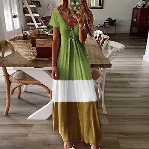 

Women's Maxi Blue & White Swing Dress - Short Sleeves Color Block Basic V Neck Casual Boho Daily Holiday Loose Blue Red Green Brown Gray S M L XL XXL XXXL