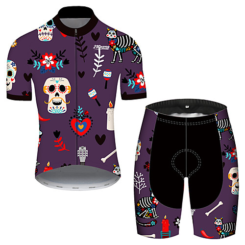 

21Grams Men's Short Sleeve Cycling Jersey with Shorts Violet Skull Floral Botanical Bike Clothing Suit UV Resistant Breathable Quick Dry Sweat-wicking Sports Skull Mountain Bike MTB Road Bike Cycling