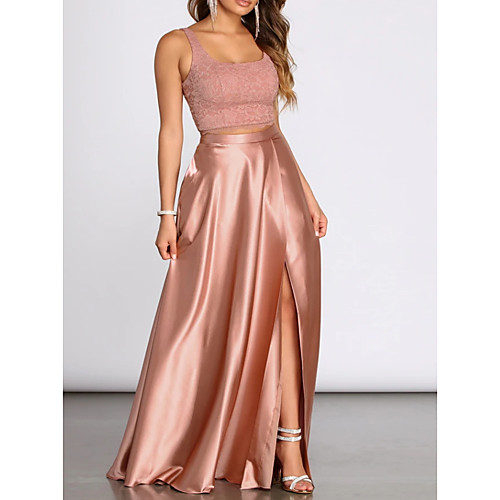 

Two Piece Elegant Pink Wedding Guest Prom Dress Scoop Neck Sleeveless Floor Length Lace Satin with Split Lace Insert 2020