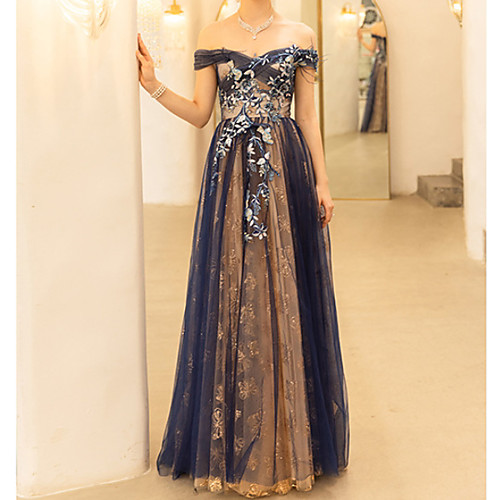 

Sheath / Column Off Shoulder Floor Length Polyester Floral / Blue Engagement / Formal Evening Dress with Embroidery 2020