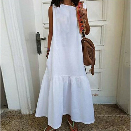 

Women's Red White Dress Loose Solid Color S M