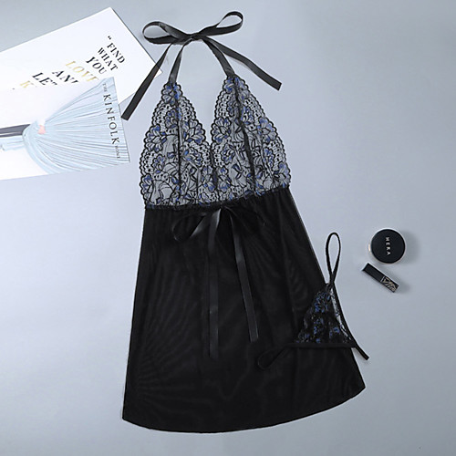 

Women's Lace / Backless / Mesh Suits Nightwear Color Block Blue Black S M L