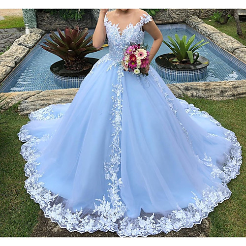 

Ball Gown V Neck Court Train Polyester / Lace Cap Sleeve Country Plus Size Wedding Dresses with Appliques 2020