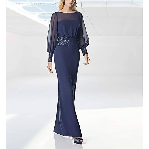 

Mermaid / Trumpet Illusion Neck Floor Length Chiffon Long Sleeve Elegant Mother of the Bride Dress with Sash / Ribbon Mother's Day 2020